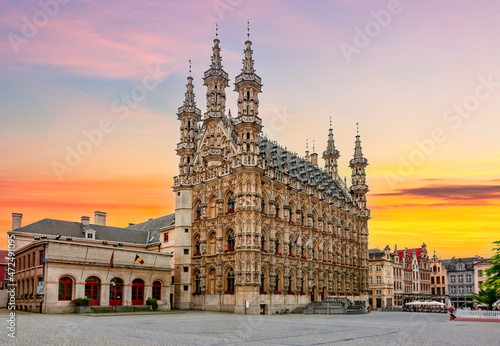 Town Hall in center of Leuven at sunset, Belgium photo