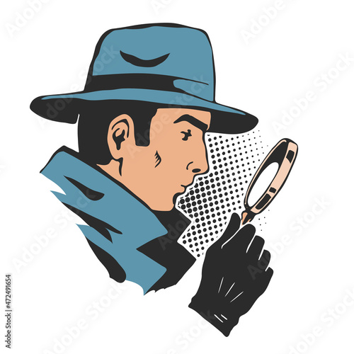 Male detective with a magnifying glass in his hand. On the head is a hat. Investigation and search for evidence. Vector sketch illustration pop art