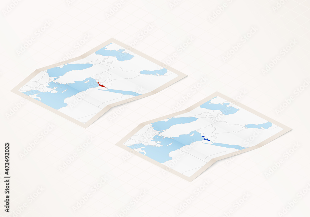 Two versions of a folded map of Israel with the flag of the country of Israel and with the red color highlighted.