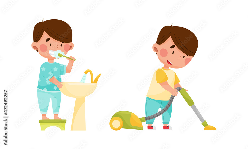 Little kid daily routine. Cute boy brushing his teeth and vacuuming floor cartoon vector illustration Little kid daily routine. Cute boy brushing his teeth and vacuuming floor cartoon vector illustration