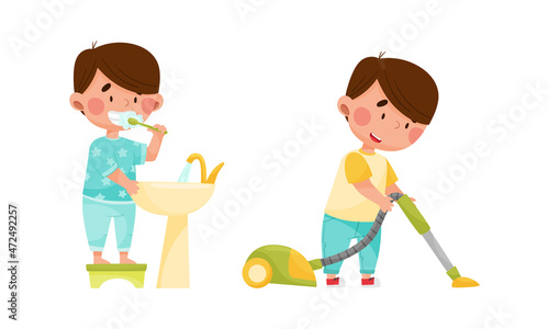 Little kid daily routine. Cute boy brushing his teeth and vacuuming floor cartoon vector illustration