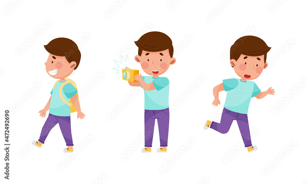 Kid daily activities set. Cute boy walking with backpack, photographing and running cartoon vector illustration