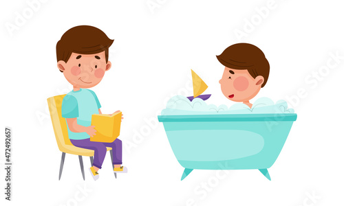 Kid daily activities set. Cute boy reading book and taking bath cartoon vector illustration