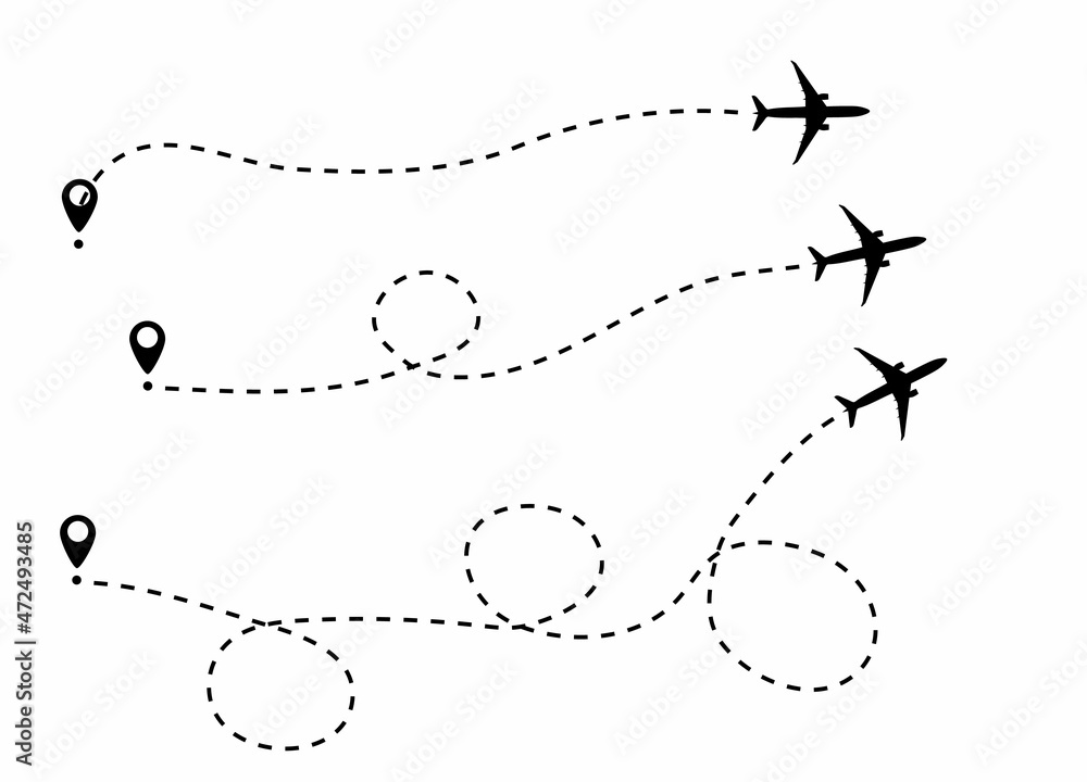 Dotted line of the route of the aircraft. Tourism and travel. Vector illustration.
