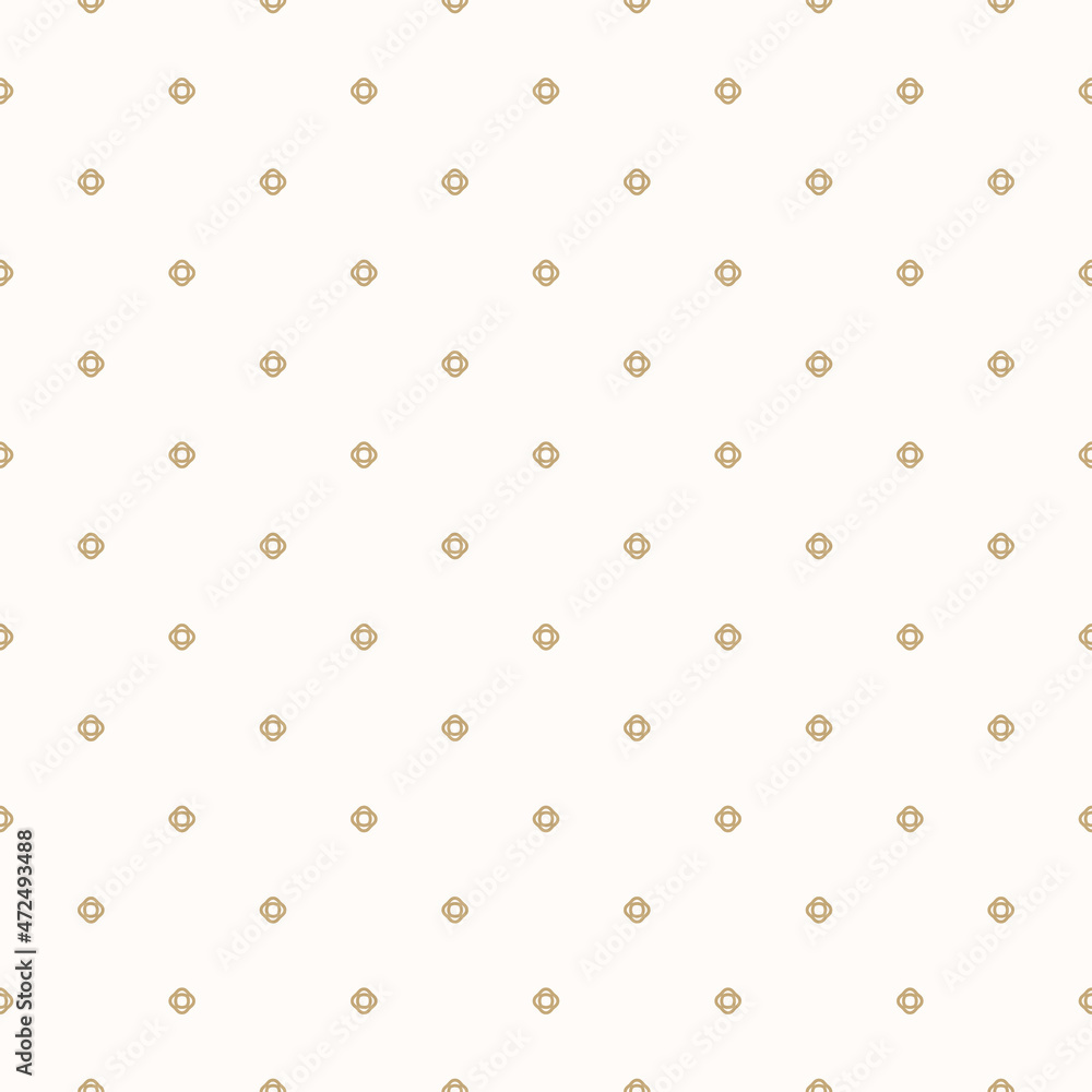 Golden vector minimalist seamless pattern. Abstract geometric floral background. Simple gold and white ornament with small flowers, linear shapes. Minimal modern texture. Repeat design for decoration