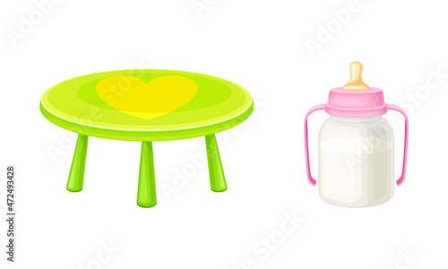 Newborn baby care accessories set. Green plastic table and milk bottle cartoon vector illustration
