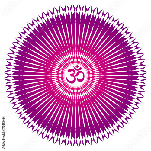 Openwork mandala with, aum, om, ohm sign in a center. Spiritual symbol. Purple and red colors. Vector graphics.