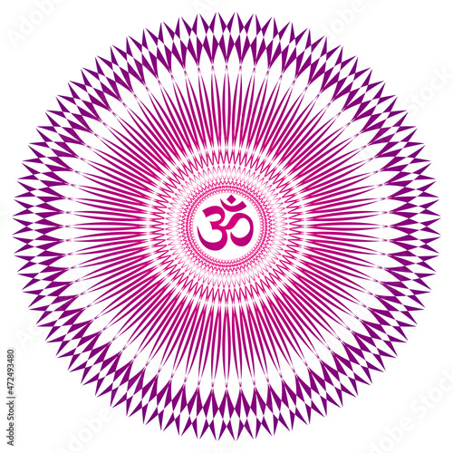 Openwork mandala with, aum, om, ohm sign in a center. Spiritual symbol. Purple and red colors. Vector graphics.