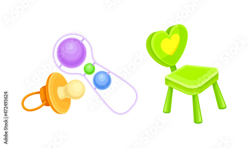 Newborn baby care accessories set. Baby rattle, pacifier and chair cartoon vector illustration