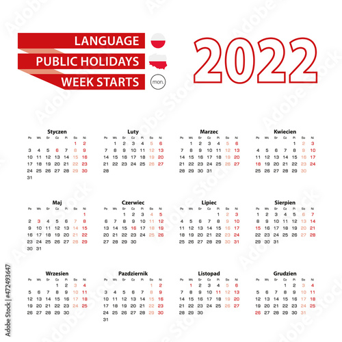 Calendar 2022 in Polish language with public holidays the country of Poland in year 2022.