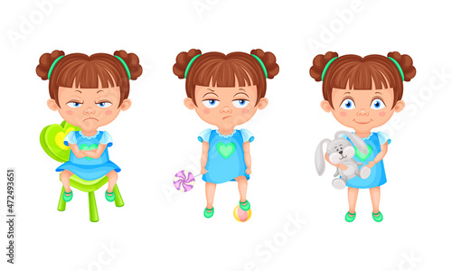 Cute emotional little girl in blue dress showing various emotions set. Angry, bored and cheerful girl cartoon vector illustration