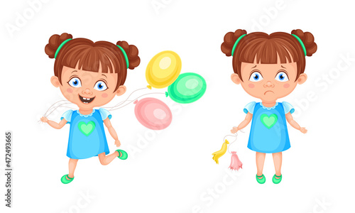 Cute emotional little girl in blue dress showing various emotions set. Happy and unhappy girl cartoon vector illustration