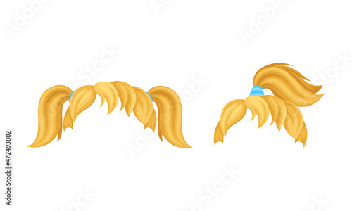 Baby girl hairstyle. Blonde wigs for little girl set cartoon vector illustration