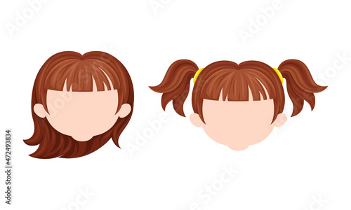 Baby girl hairstyle. Face of little girl with brown hair cartoon vector illustration