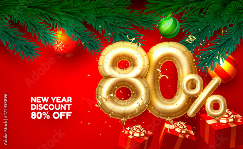 Merry Christmas, sale 80 off ballon number on the red background. Vector