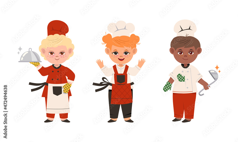 Children cook chefs in uniform with kitchen tools set. Cheerful kids with ladle and restaurant cloche cartoon vector illustration Children cook chefs in uniform with kitchen tools set. Cheerful kids with ladle and restaurant cloche cartoon vector illustration