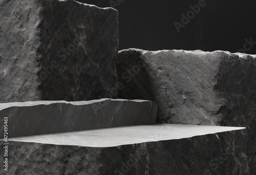 Empty stone podium for display product. Black stone slabs. 