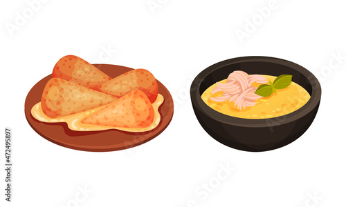 Traditional nutritious tasty hot dishes served on plates set vector illustration