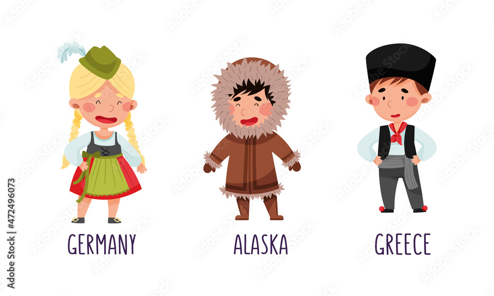 Cute kids in national costumes of different countries set. Children in traditional clothing of Germany, Alaska, Greece cartoon vector illustration Cute kids in national costumes of different countries set. Children in traditional clothing of Germany, Alaska, Greece cartoon vector illustration
