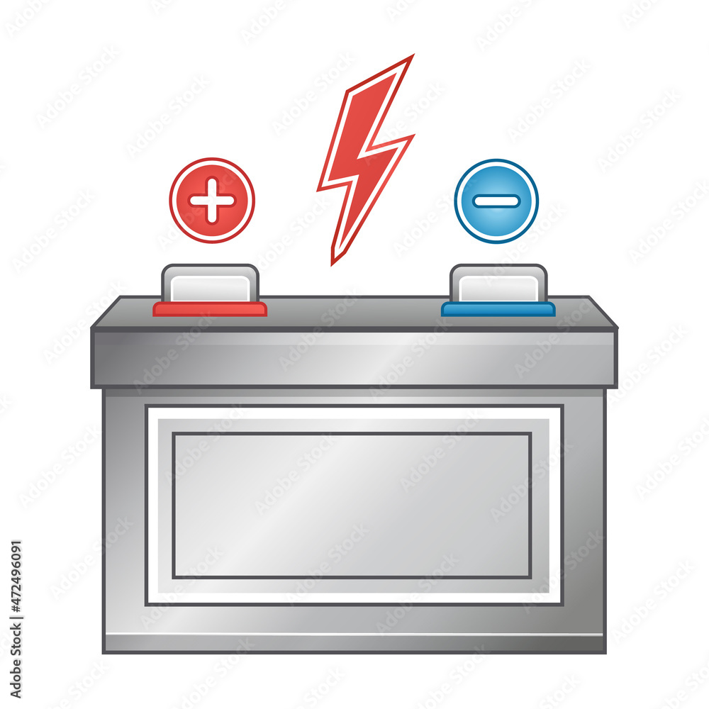 Car auto battery charge icon. Accumulator energy portable electric power supply. Industrial chemical alkaline lead electrical cell. Vehicle electricity equipment. Lightning with poles sign. Vector Car auto battery charge icon. Accumulator energy portable electric power supply. Industrial chemical alkaline lead electrical cell. Vehicle electricity equipment. Lightning with poles sign. Vector