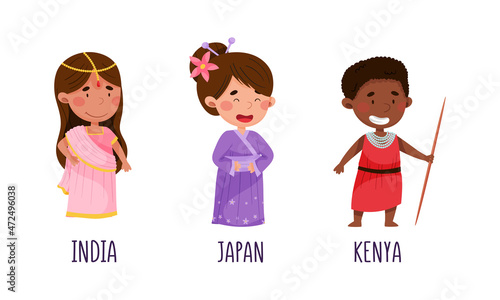 Cute kids in national costumes of different countries set. Children in traditional clothing of India, Japan, Kenya cartoon vector illustration
