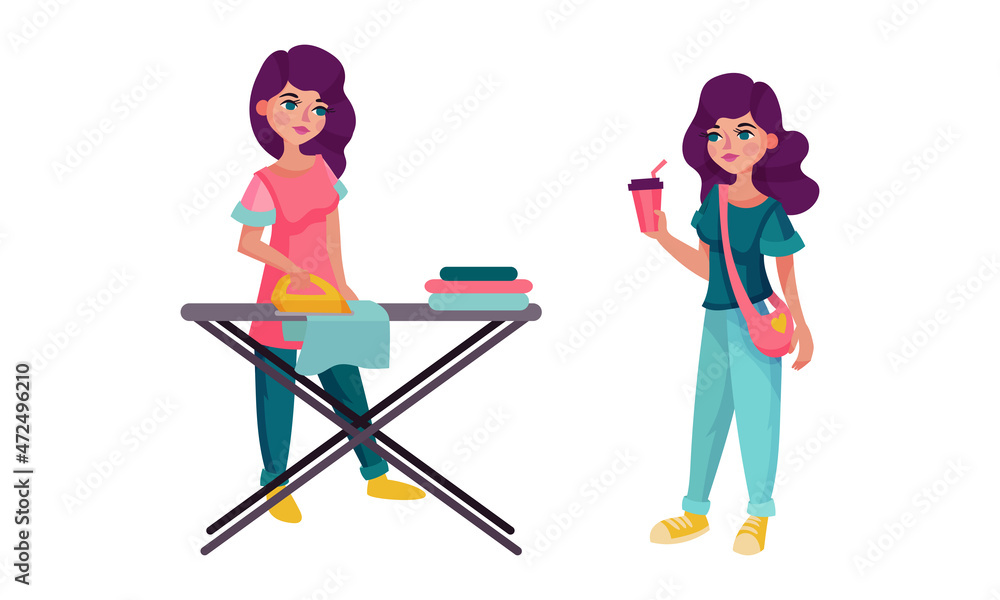 Fototapeta premium People daily routine set. Girl walking and ironing cartoon vector illustration