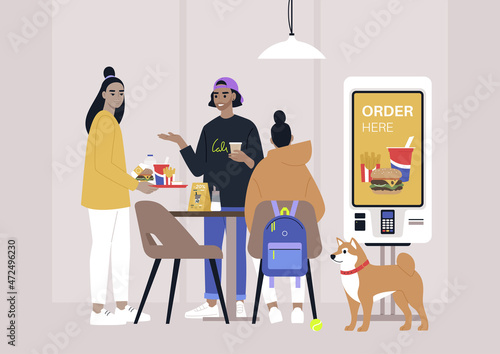A group of millennials eating at the fast food diner, a pet friendly place with a self service