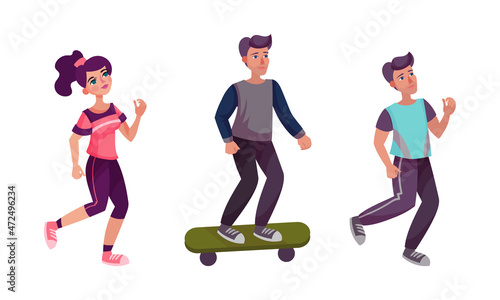 People outdoor activities set. Man and woman running and skateboarding cartoon vector illustration
