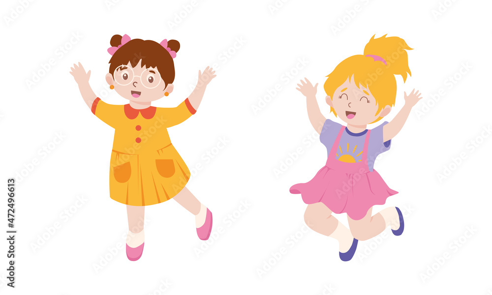 Happy little little jumping together. Smiling kids having fun cartoon vector illustration Happy little little jumping together. Smiling kids having fun cartoon vector illustration