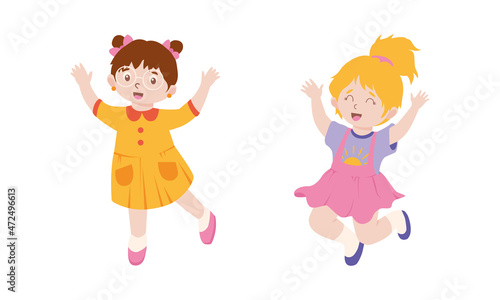 Happy little little jumping together. Smiling kids having fun cartoon vector illustration
