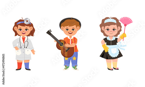 Kids of various professions set. Otolaryngologist doctor, musician and maid cartoon vector illustration