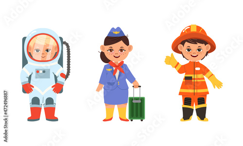 Kids of various professions set. Firefighter, astronaut, stewardess cartoon vector illustration