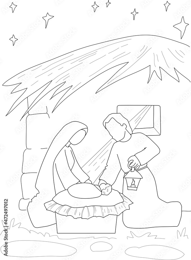 Christmas nativity. Mary, Joseph and baby Jesus .vector illustration in outline. Coloring Pages