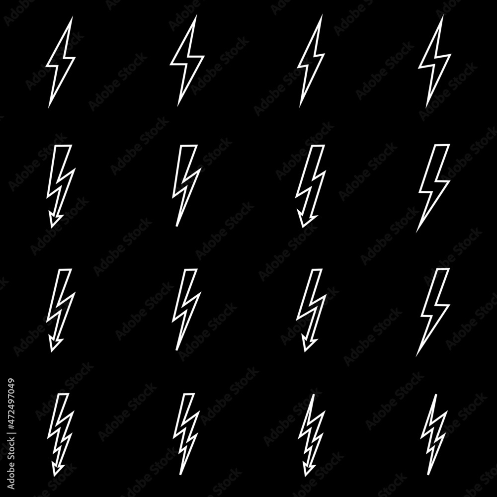 Set of line icons representing lightning bolt, lightning strike or thunderstorm. Suitable for voltage, electricity and power signs. Vector Illustration Set of line icons representing lightning bolt, lightning strike or thunderstorm. Suitable for voltage, electricity and power signs. Vector Illustration