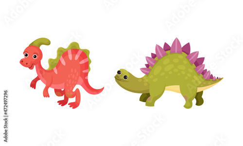 Cute colorful baby dinosaurs set vector illustration on white background