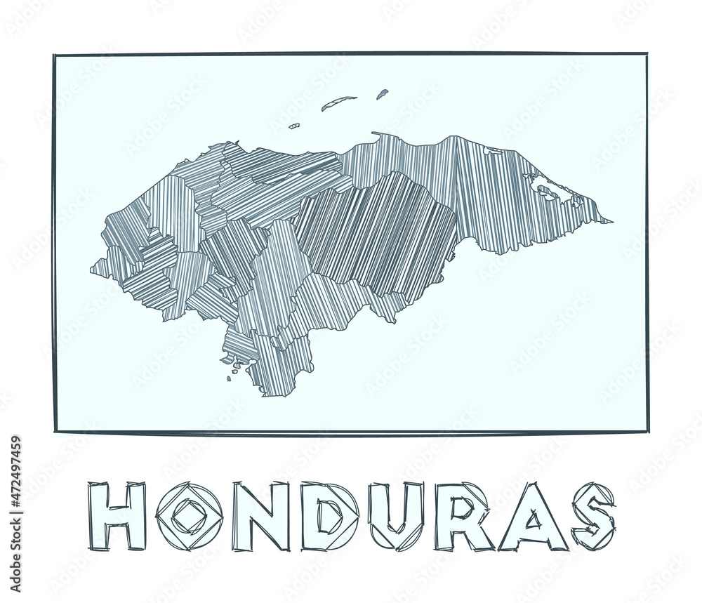 Sketch map of Honduras. Grayscale hand drawn map of the country. Filled regions with hachure stripes. Vector illustration.