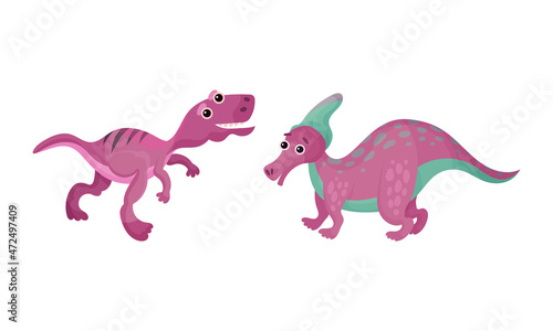 Cute pink baby dinosaurs set vector illustration on white background