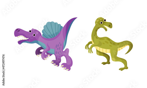 Cute funny baby dinosaurs set. Spinosaurus and allosaurus vector illustration © Happypictures