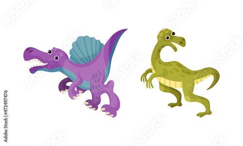 Cute funny baby dinosaurs set. Spinosaurus and allosaurus vector illustration