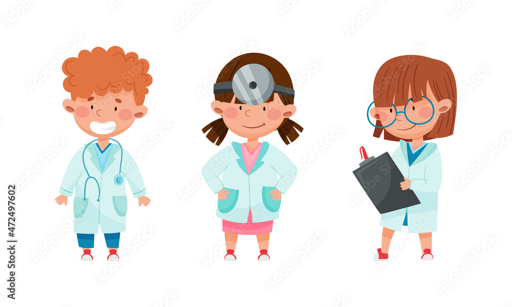 Cute kids doctors set. Little children in medical uniform with medical tools cartoon vector illustration Cute kids doctors set. Little children in medical uniform with medical tools cartoon vector illustration