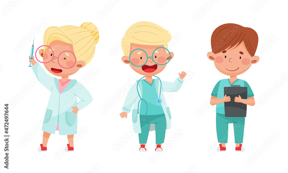 Funny kids playing doctors set. Little children in medical uniform with medical tools cartoon vector illustration Funny kids playing doctors set. Little children in medical uniform with medical tools cartoon vector illustration