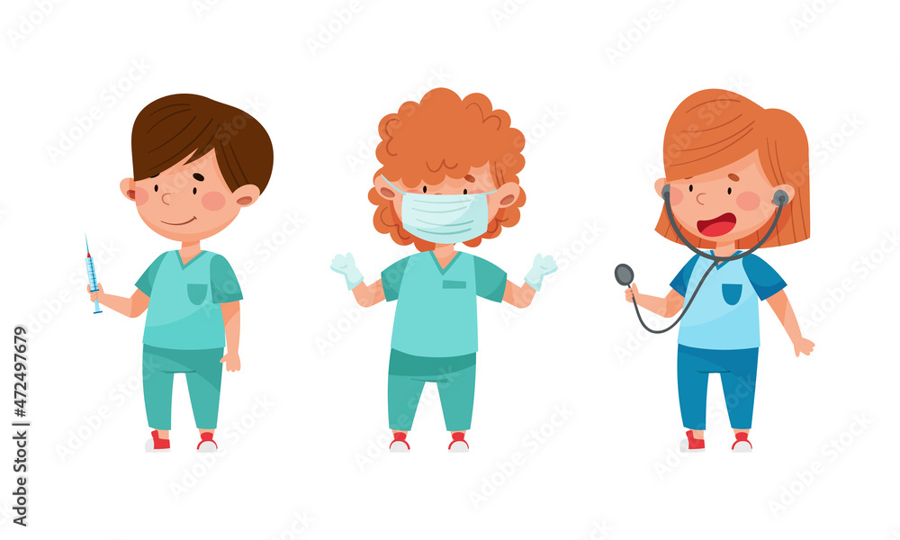 Cute little doctors set. Kids in medical uniform with medical tools cartoon vector illustration Cute little doctors set. Kids in medical uniform with medical tools cartoon vector illustration