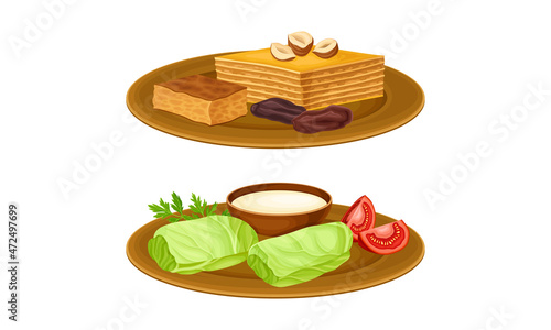 Arabian cuisine dishes set. Dolma and baklava vector illustration