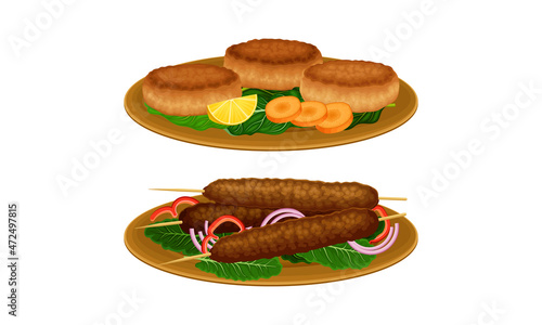 Arabian cuisine dishes set. Kebab and falafel vector illustration
