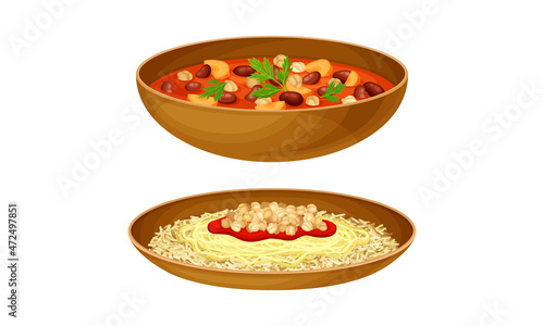 Arabian cuisine dishes served on plates set vector illustration