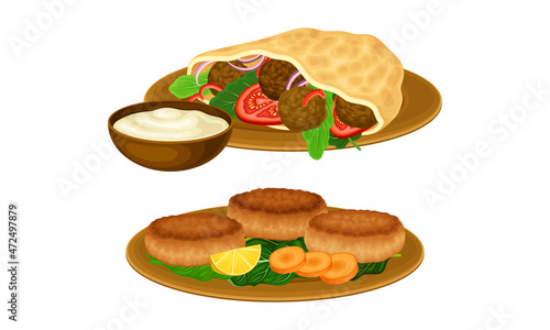 Arabian cuisine traditional dishes set. Shawarma and kofta vector illustration