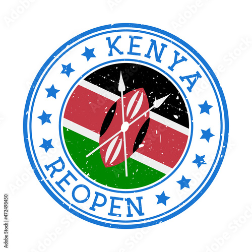 Kenya reopening stamp. Round badge of country with flag of Kenya. Reopening after lockdown sign. Vector illustration.
