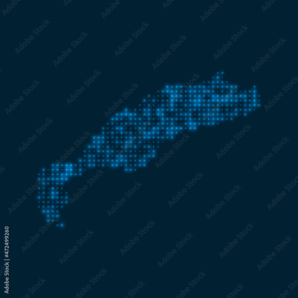 Kos dotted glowing map. Shape of the island with blue bright bulbs. Vector illustration.