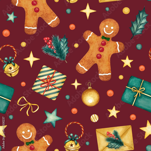Holiday Watercolor Seamless Pattern. Christmas Tree Decoration, Gingerbread Man, Gifts, Letter, Holly, Berry, Bell. Hand drawn background for textile print, fabric, wrapping paper, card, invitation