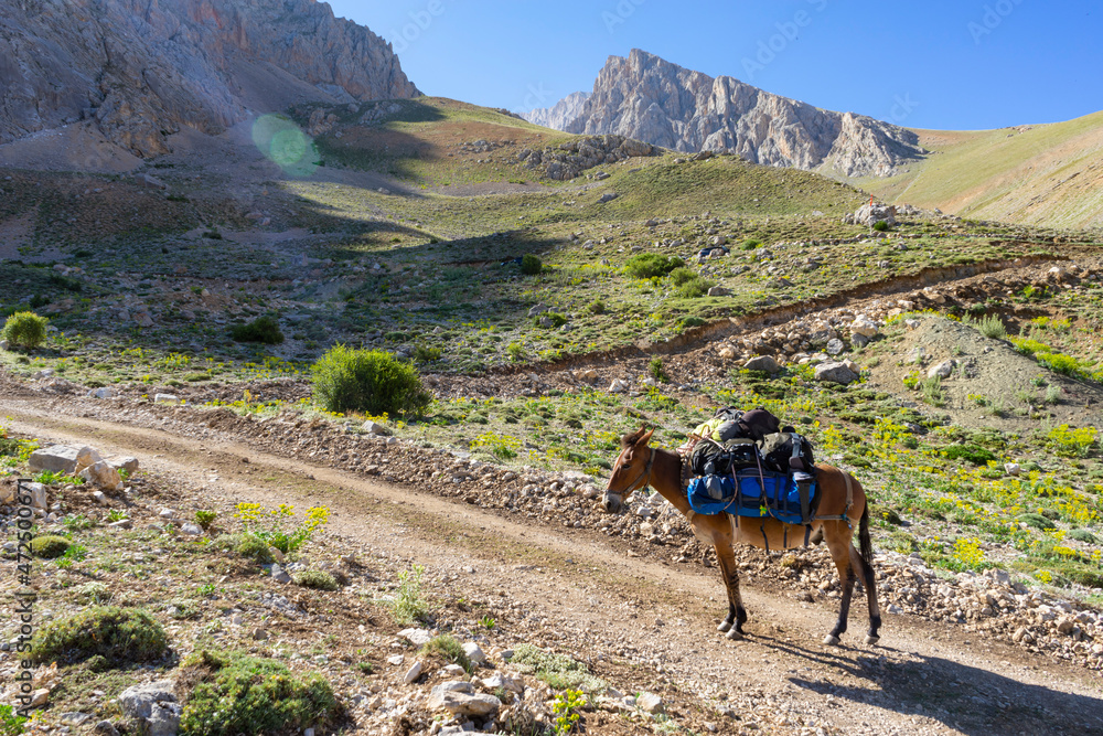 People traveling in Aladaglar. Aladağlar and Yedigöller regions where important mountaineering activities take place in Turkey.